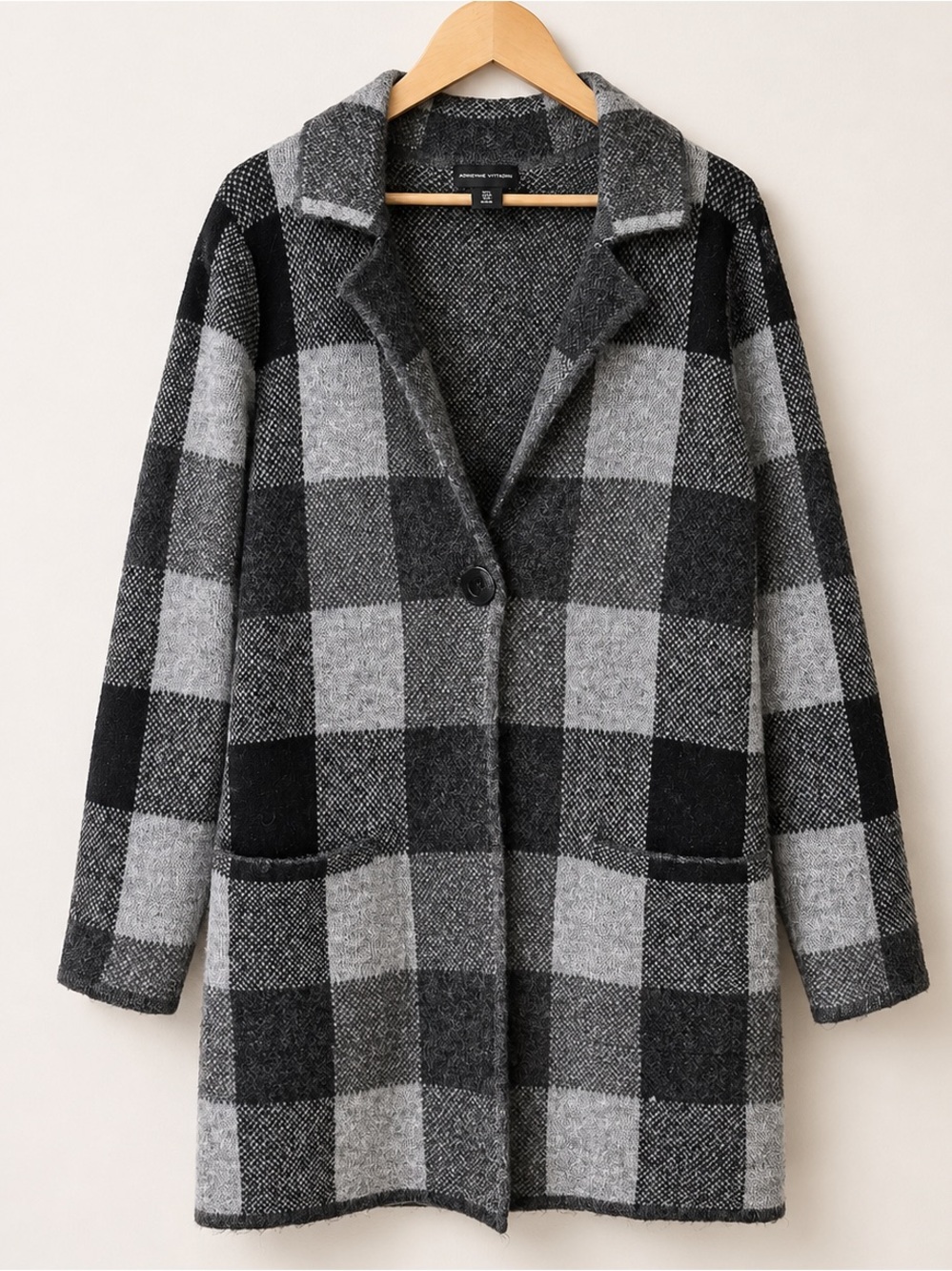 Adrienne Vittadini Women’s Large Plaid Wool Blend Long Cardigan Coat Black Gray